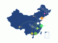 简单的地图迁徙效果 - category-work,geo,series-effectScatter,series-lines,series-map,series-scatter,tooltip,visualMap