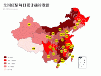 全国疫情每日累计确诊数据 - category-work,geo,series-map,series-scatter,title,tooltip,visualMap